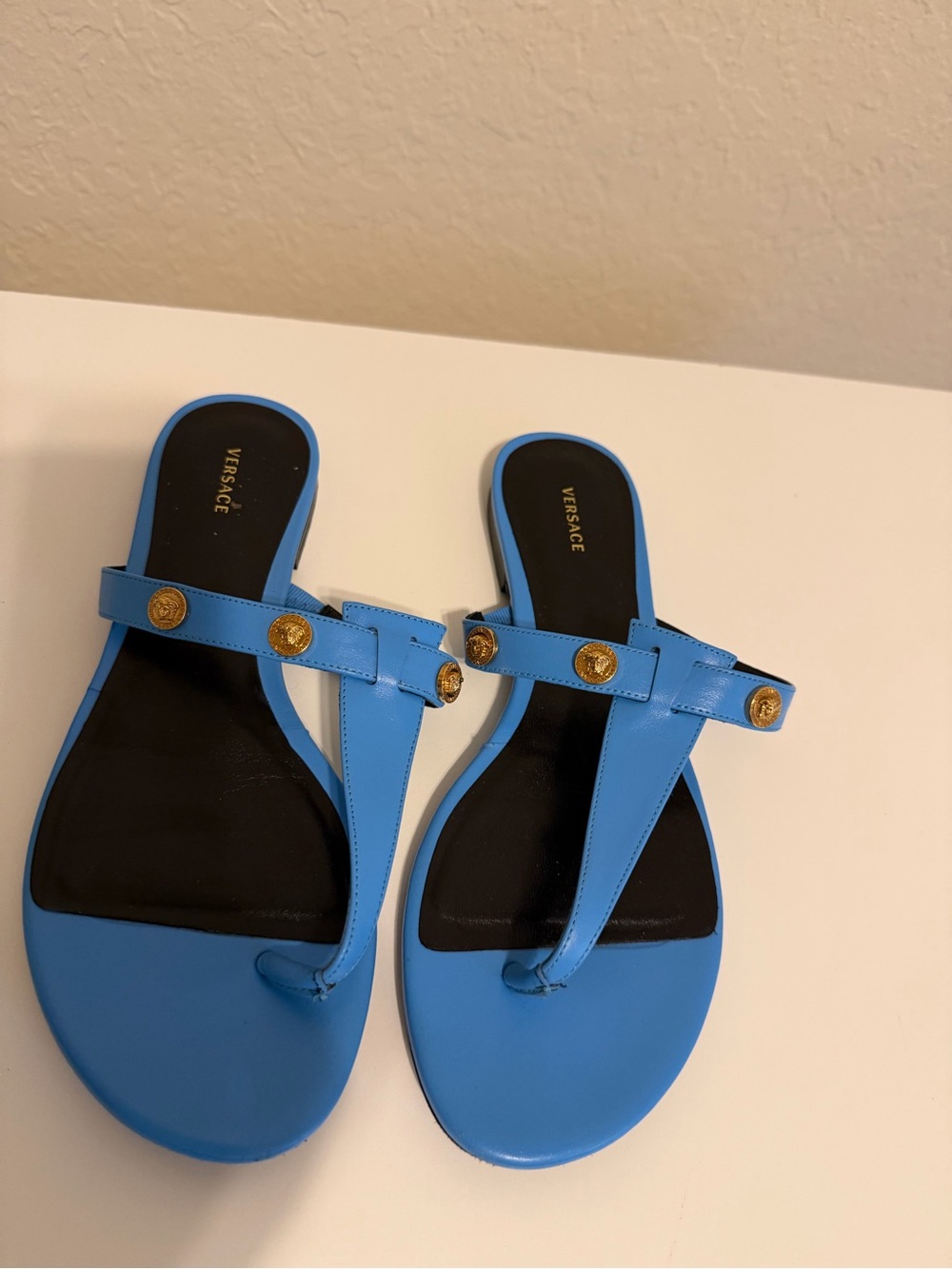 Versace Sky Blue Leather Thong Sandals with Gold Medallions